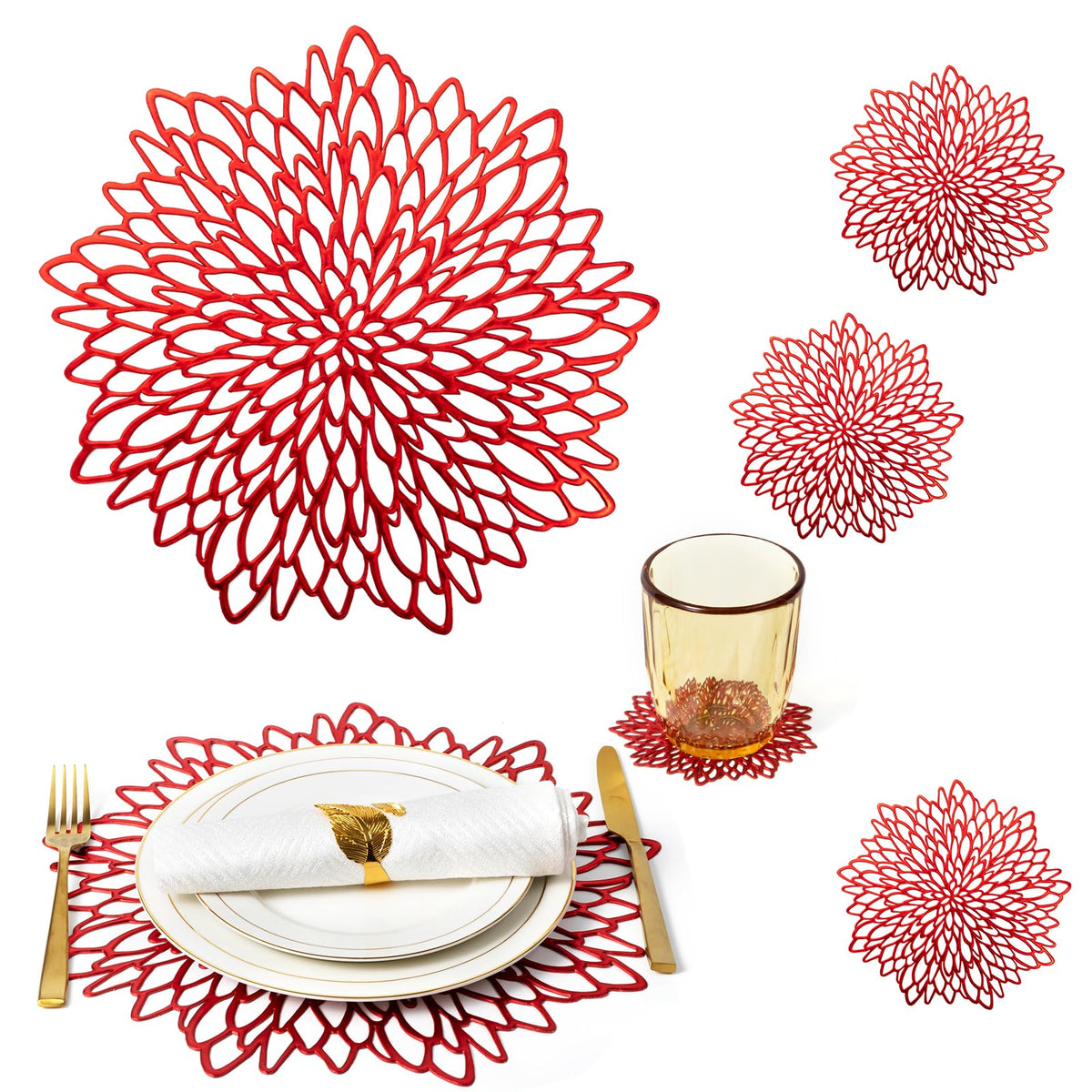Gold Placemats Set of 8 Table Mats Gold Charger Plates Place Mats & 8 Pcs Coasters Wipeable Modern Holiday Round Placemats for Christmas Thanksgiving Farmhouse Wedding Dining Table Setting Decor