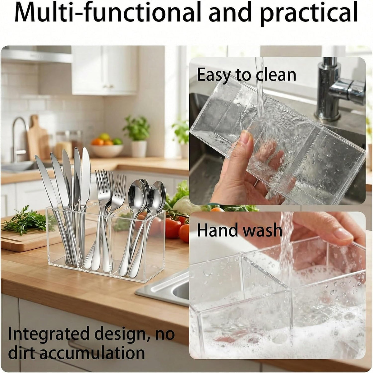 3 Section Acrylic Cutlery Organizer Countertop Utensil Holder