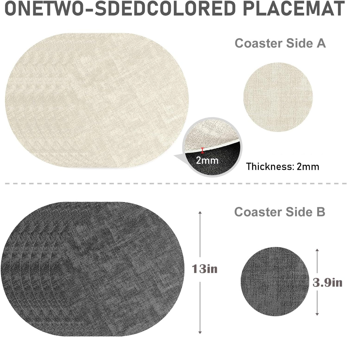 13" Round Placemats Set of 6 with Coasters,Reversible Faux Leather Heat Resistant Table Mats, 100% Waterproof Oilproof Wipeable Double-Sided Place Mats for Indoor/Outdoor Use (Beige) ﻿ ﻿