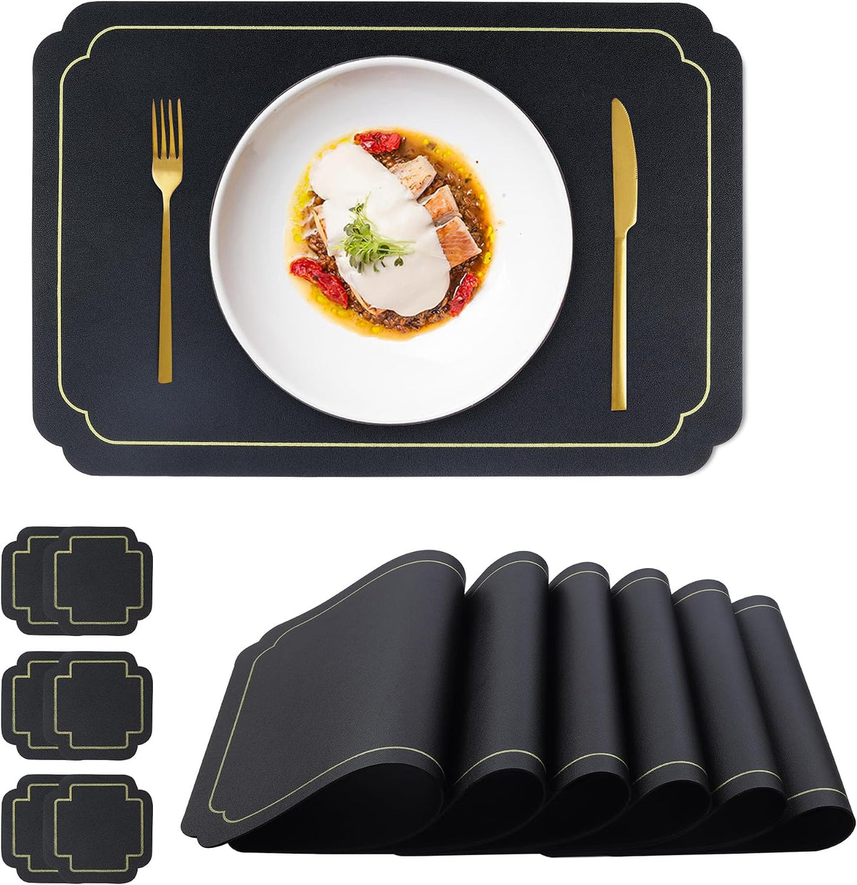 fanquare Black Faux Leather Placemats with Gold Trim Placemats and Coasters Set of 6 Large Rectangular Table Mats Heat Resistant and Easy to Clean