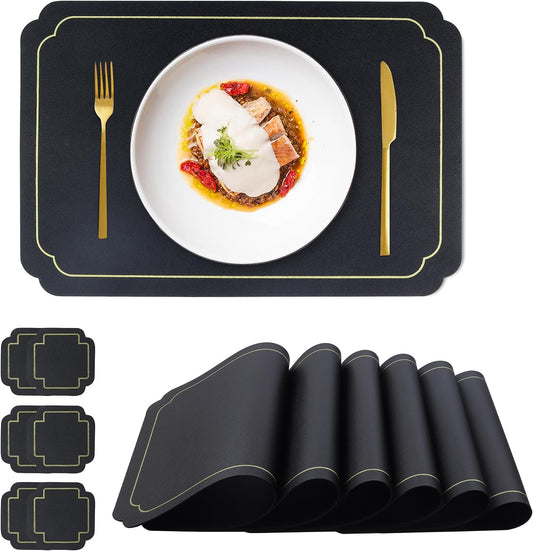 fanquare Black Faux Leather Placemats with Gold Trim Placemats and Coasters Set of 6 Large Rectangular Table Mats Heat Resistant and Easy to Clean