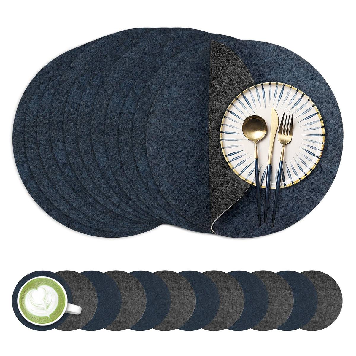 Fyvva Placemats Set of 6, 13" Round Reversible Faux Leather with Coasters