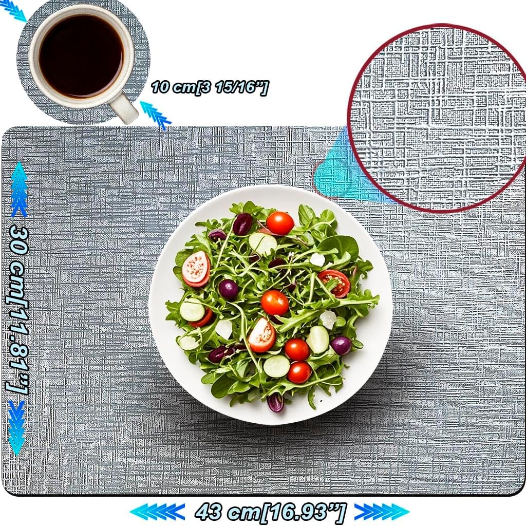 Elegant Placemats and Coasters Set 6, Vinyl Washable Place Mats with Non-Slip Stripes & Metallic Finish, Durable Dining Table Placemats Sets of 6, Dinner Table Mat with Coasters for Table Decor-Silver