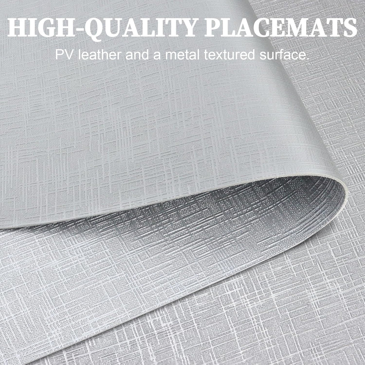 Elegant Placemats and Coasters Set 6, Vinyl Washable Place Mats with Non-Slip Stripes & Metallic Finish, Durable Dining Table Placemats Sets of 6, Dinner Table Mat with Coasters for Table Decor-Silver