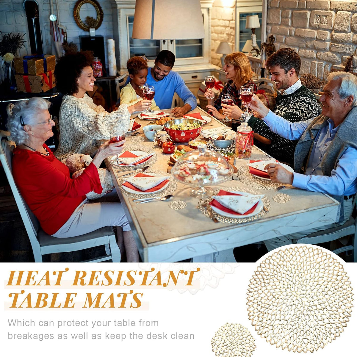 Vesici 24 Pcs Gold Round Pressed Vinyl Metallic Placemats Coasters Set