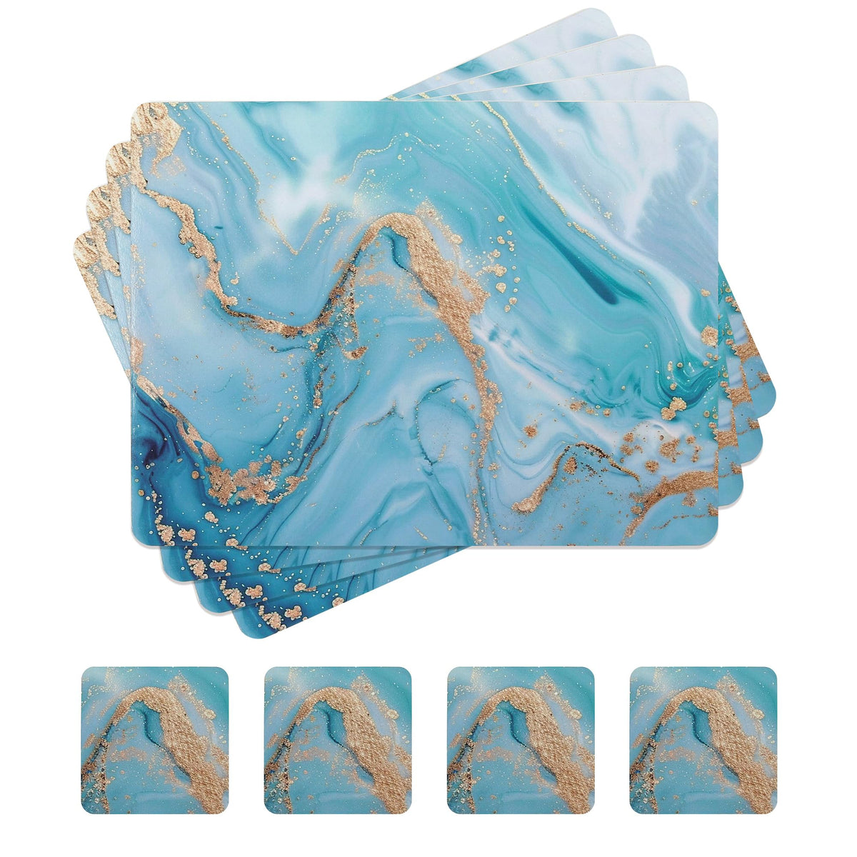 fanquare Hard Cork Placemats and Coasters Set of 4 with Marble Pattern Design Easy to Clean Abstract Artistic Placemat for Dining Table Décor, Gold Sand