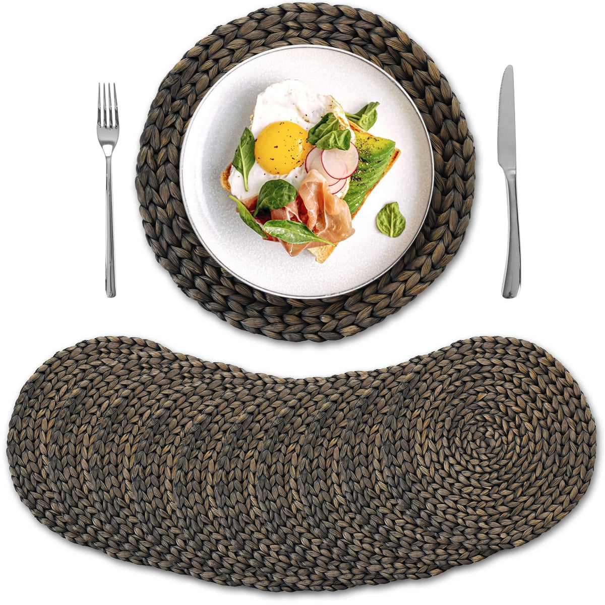 8 Pack, Round Woven Placemats, Natural Water Hyacinth Wicker Place Mats, Braided Straw Table Mats for Dining Table, Fall, Halloween, Thanksgiving, Christmas, Black (13.8 inch)