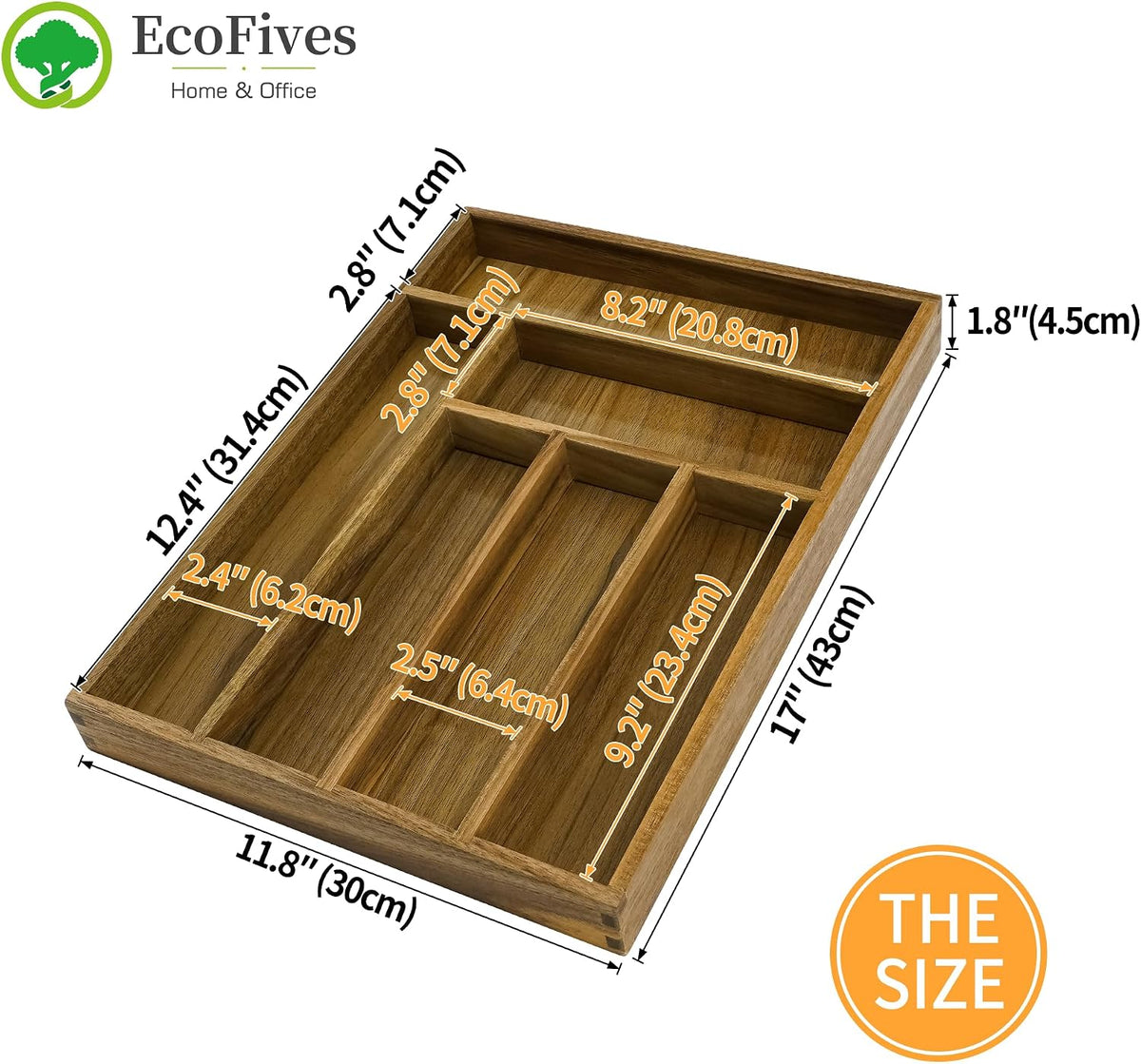 EcoFives Luxury Acacia Kitchen Drawer Organizer - Silverware Organizer - Utensil Holder and Cutlery Tray with Grooved Drawer Dividers for Flatware and Kitchen Utensils (6 Slot)