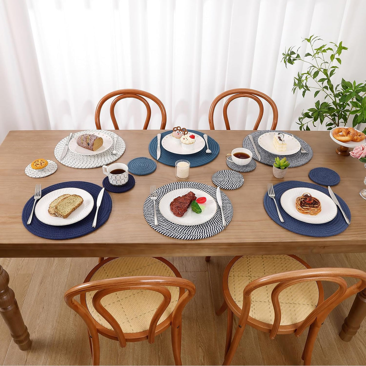 SHACOS Cotton Rope Woven Round Placemats Set of 6 with Coasters, 13 Inch