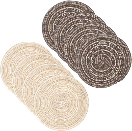 uxcell 8 Pcs Round Woven Placemats, 4.3 Inch Braided Washable Placemat Heat Resistant Decorative Place Mat for Kitchen Dining Table Countertop, Coffee/Khaki