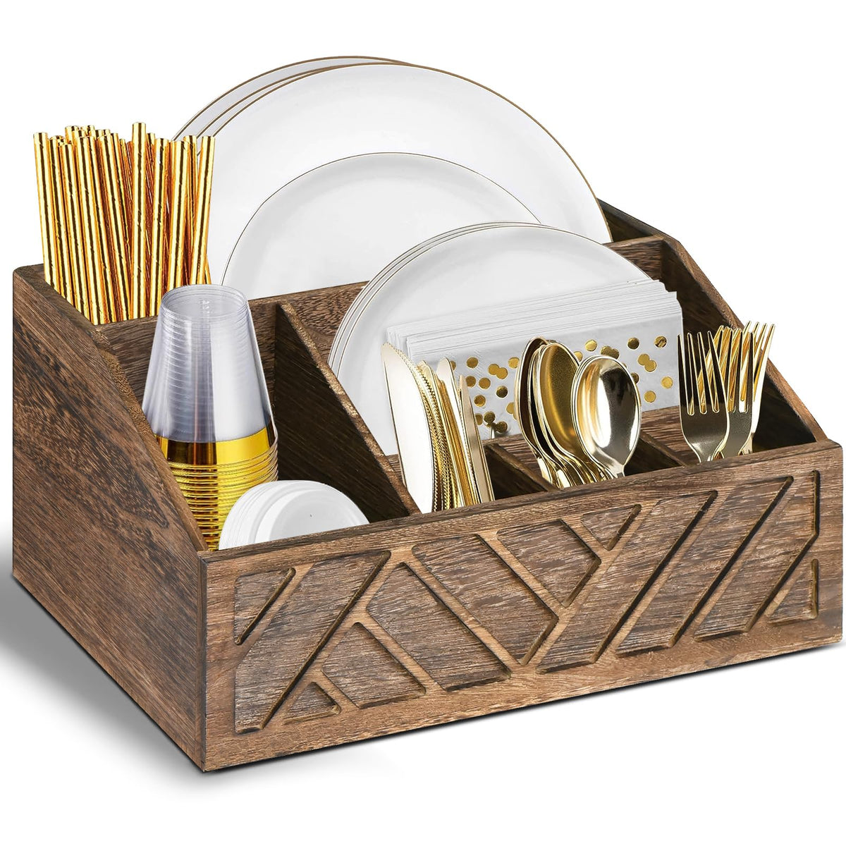 Ukonvi Paper Plate Dispenser and Holder for Kitchen Counter, Wood Rustic Silverware Utensil Caddy, Cutlery Flatware Organizer Box for Cups Spoons Forks Napkins, Kitchen Accessories