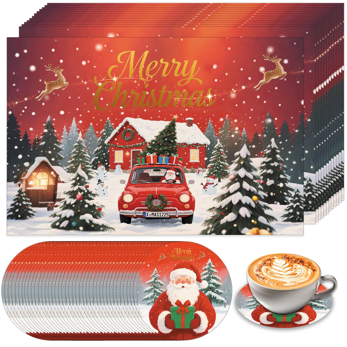 50 Pcs Christmas Paper Placemats, Christmas Tree Snowman Disposable Paper Place Mats with Coasters - 11 x 16.5 Inch Xmas Placemats Table Mats for Xmas Party Kitchen Dining Table Decor