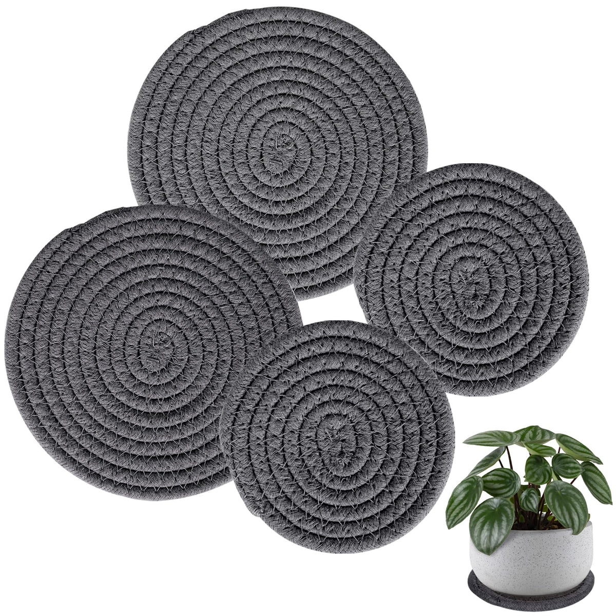 4 PCS Plant Coasters 4 & 7 Inch Woven Plant Saucer Coaster for Gardening Indoor and Outdoor Pots (Khaki)