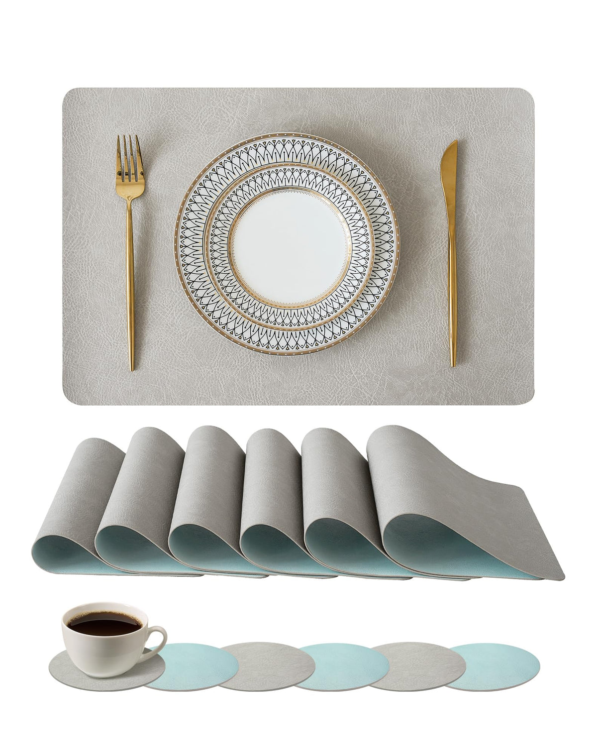 Reversible Faux Leather Placemats and Coasters Set of 4, 12x17 Inch – Hotel-Quality Heat Resistant & Waterproof Wipeable Table Mats, Non-Slip for Dining Kitchen (Mist Blue)
