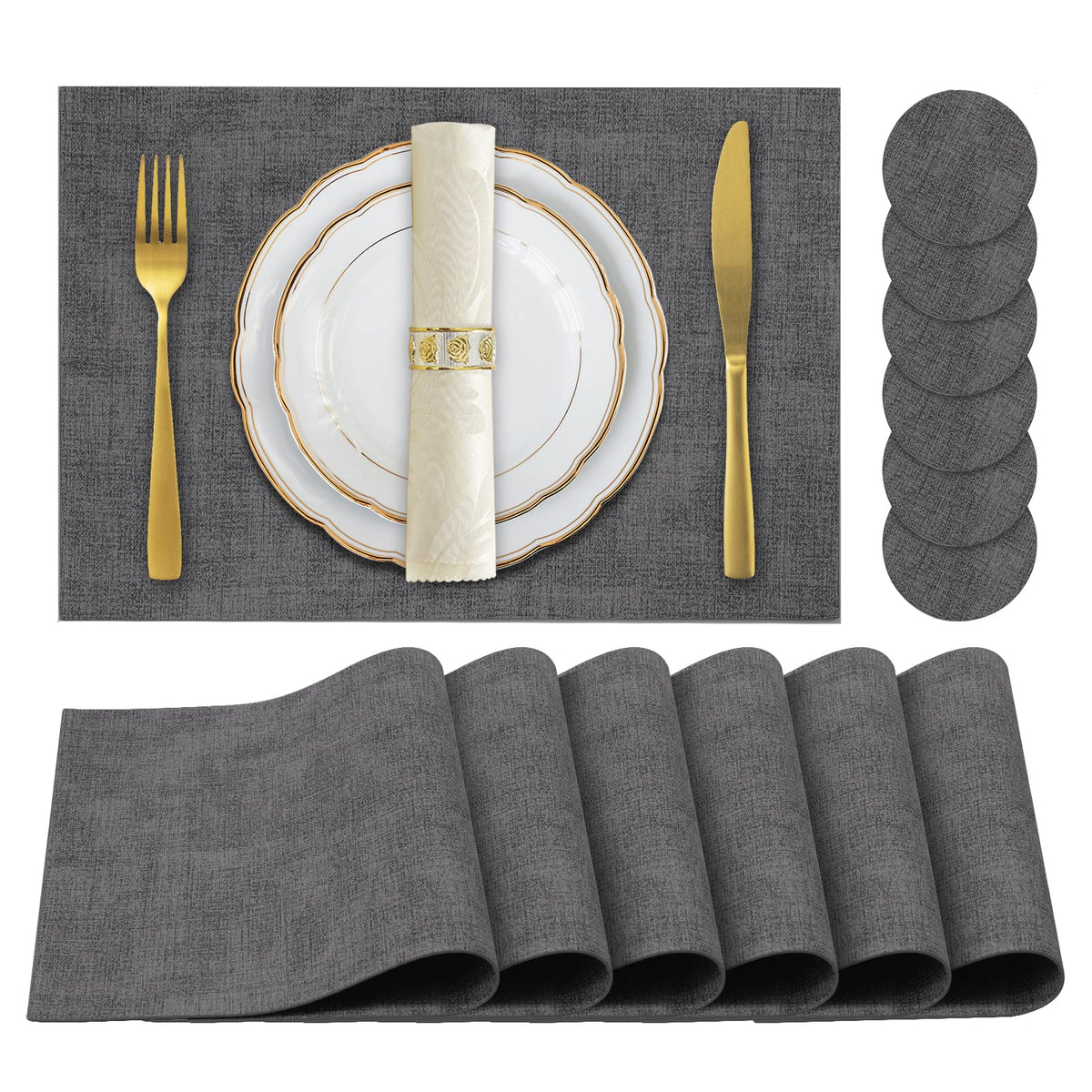 Faux Leather Placemats Set of 6,Heat Resistant Placemats for Dining Table, Easy Clean Non-Slip Place Mats, Waterproof Stain Resistant Wipeable Washable PU Table Mats, (Coffee)