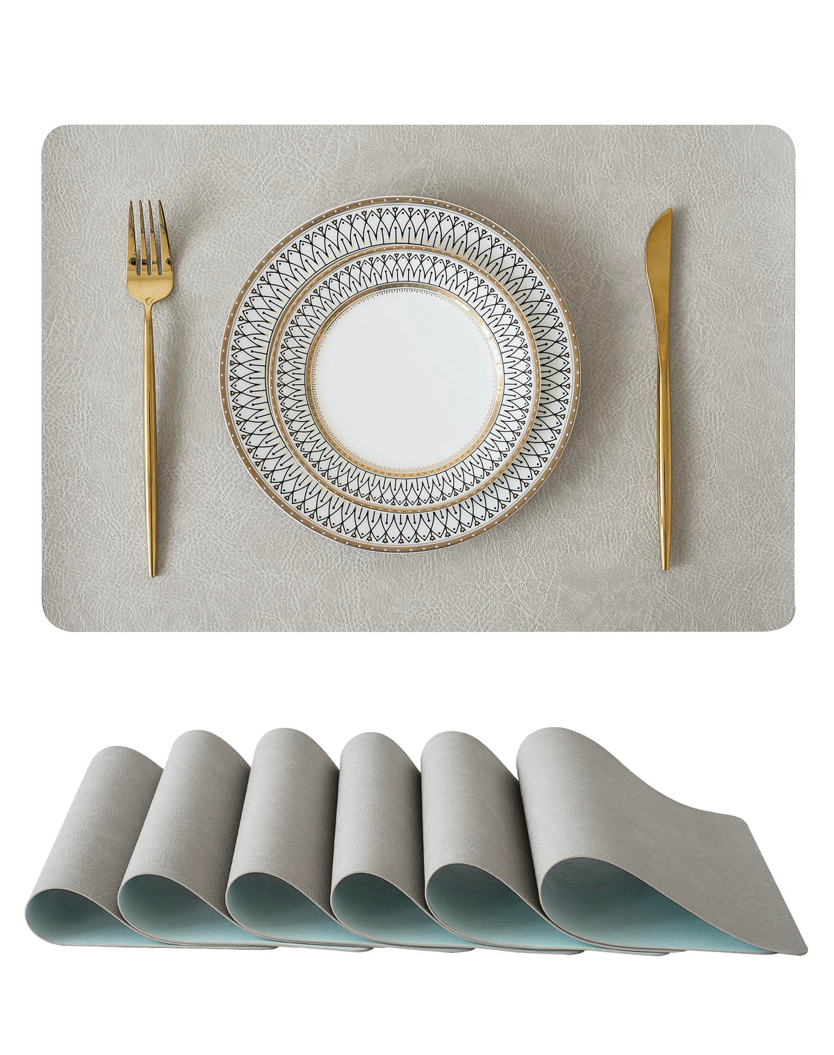 Reversible Faux Leather Placemats and Coasters Set of 4, 12x17 Inch – Hotel-Quality Heat Resistant & Waterproof Wipeable Table Mats, Non-Slip for Dining Kitchen (Mist Blue)