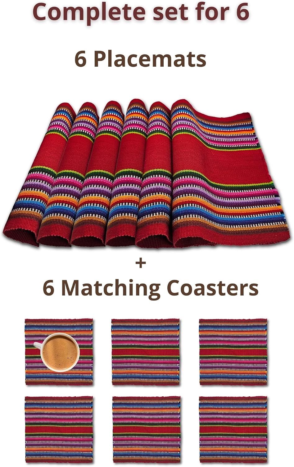 Set of 12 Handwoven Mexican Placemats and Coasters, 6 Cotton Placemats (11 x 15 in) with 6 Matching Drink Coasters, Vibrant Striped Dining Table Decor (Red)