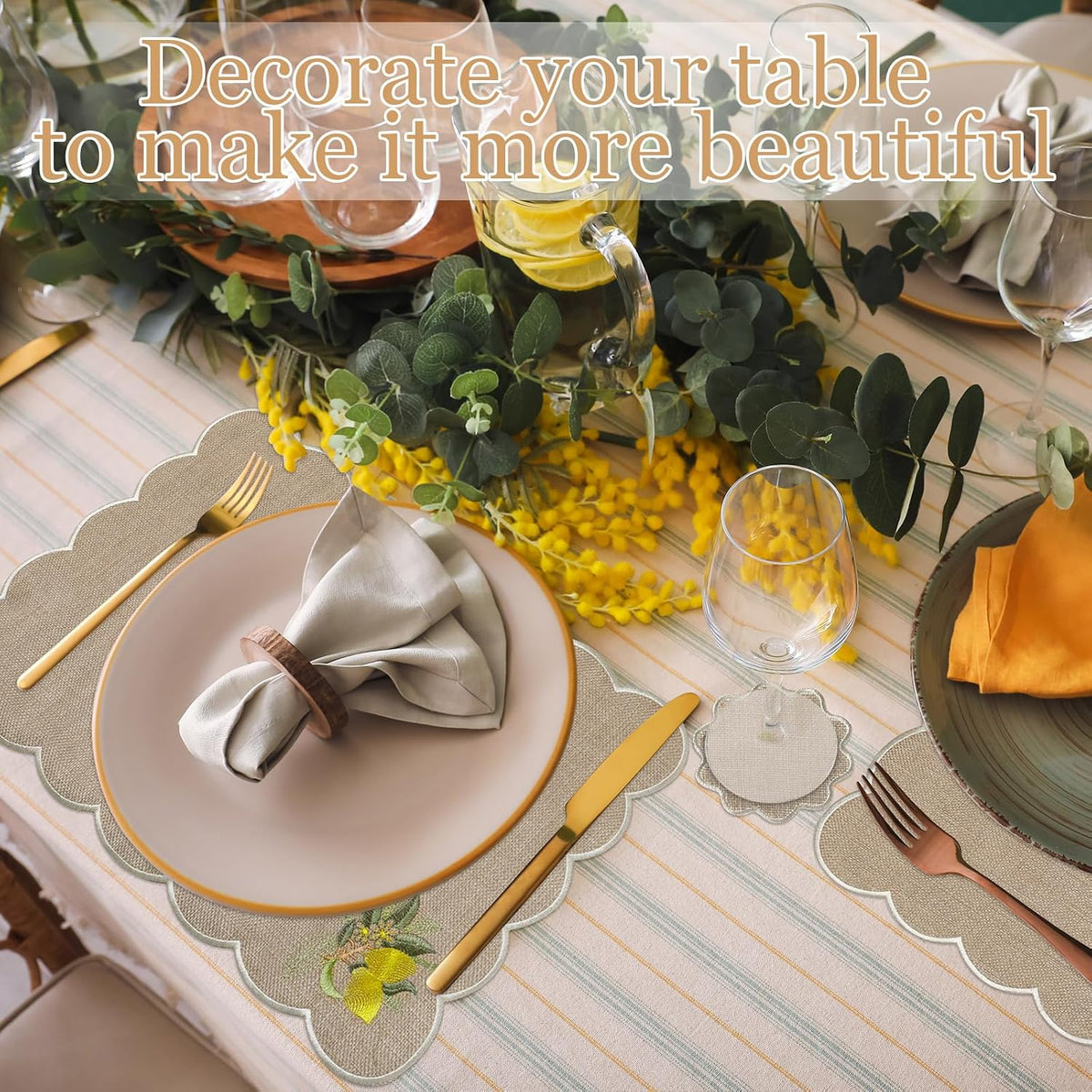 Set of 12 Lemon Cotton Linen Placemats Coaster, 12 x 17 Heat Resistant Embroidery Scalloped Placemats, 4" Summer Kitchen Coaster Double Layered Rustic Dinner Table Decoration(Linen and White)