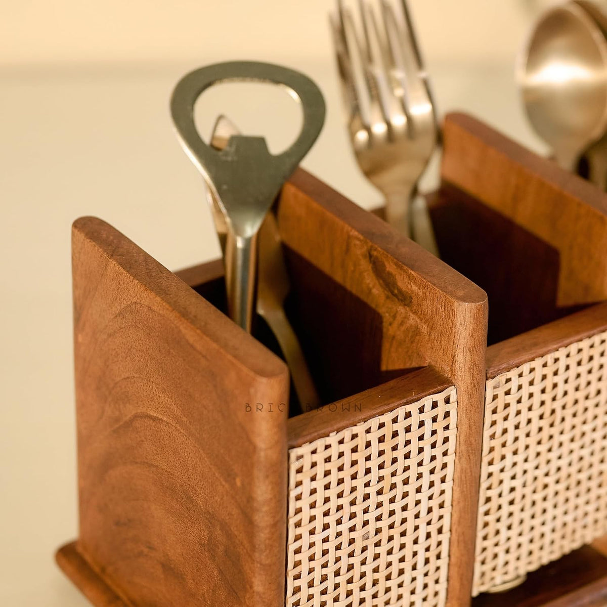 Brick Brown ® Premium Wooden Nora Cutlery Holder Spoon Stand for Kitchen | Cutlery holder for Dining table | Wooden Caddy Storage Organiser Stand with 3 Section Caddy Holder (8.4x4x4.7 inch)