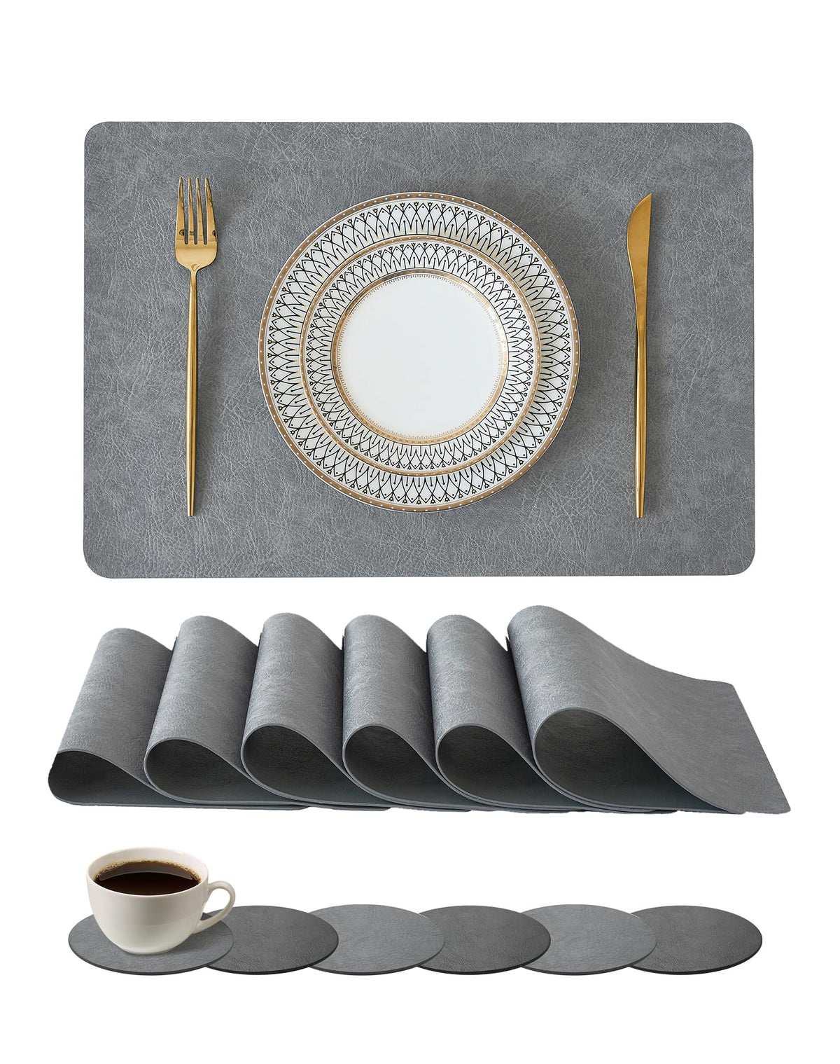Reversible Faux Leather Placemats and Coasters Set of 4, 12x17 Inch – Hotel-Quality Heat Resistant & Waterproof Wipeable Table Mats, Non-Slip for Dining Kitchen (Mist Blue)
