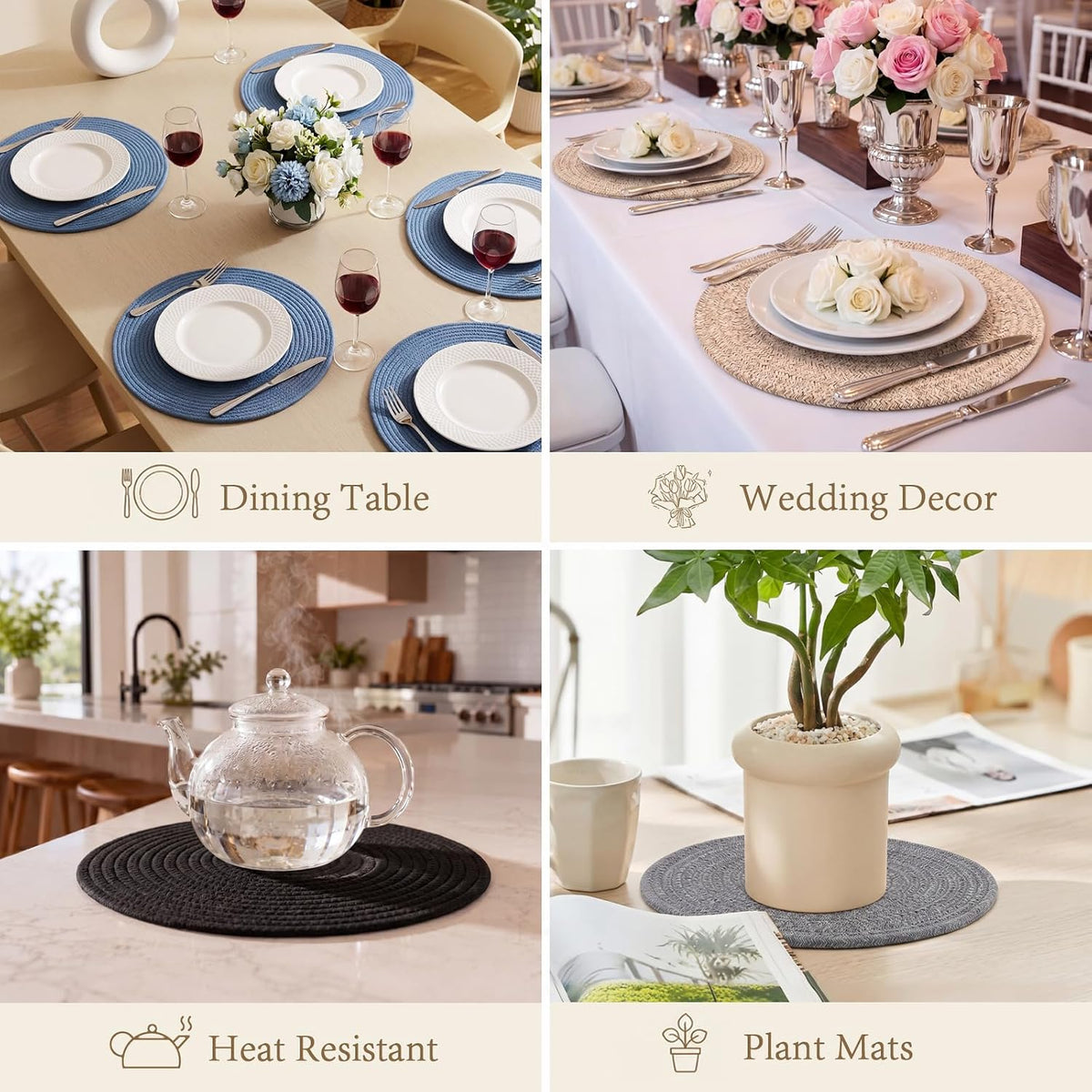 Round Woven Cotton Placemats Set of 4, Thick Braided Rope Table Mats, 13 Inches Non Slip Heat Resistant Place Mats, Farmhouse Boho Circular Hot Pads for Kitchen, Dining Table Decor (Blue 4 pcs)