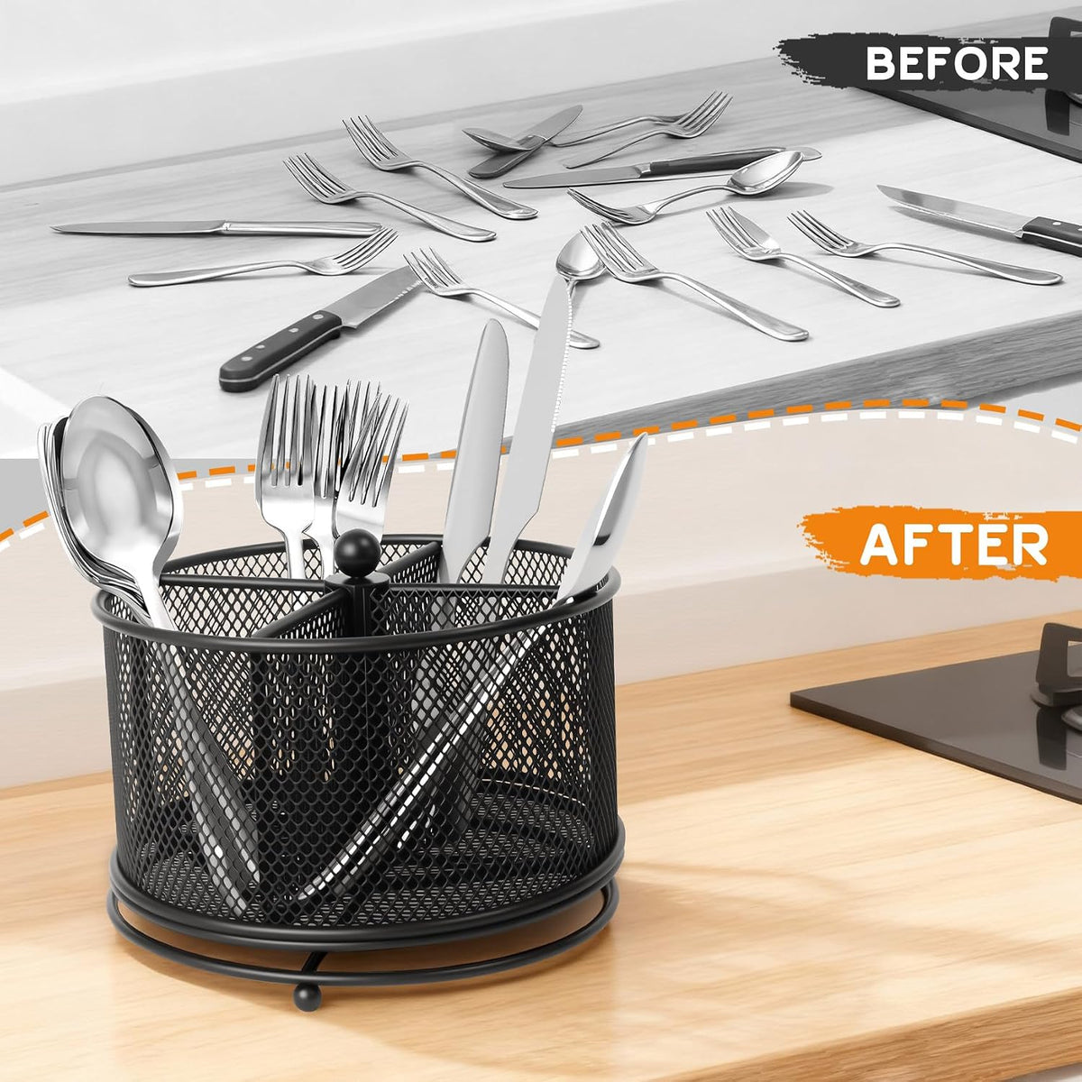360° Rotating Metal Utensil Caddy, 4 Compartment Silverware Cutlery Holder