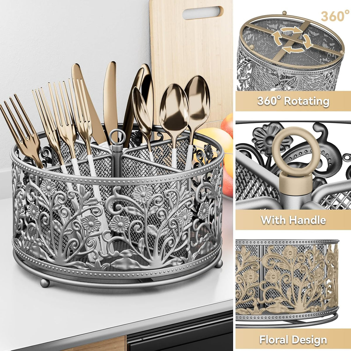 YIUKEA 360° Rotating Flatware Caddy - 4 Compartments Metal Mesh
