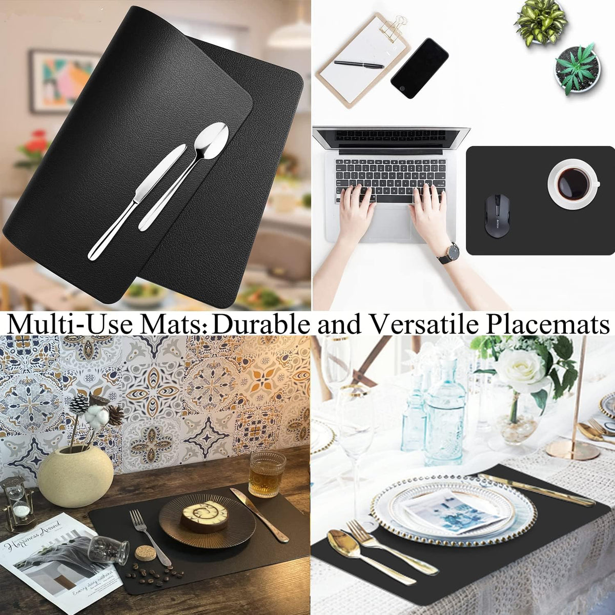 Placemats Set of 6, Leather Placemat with Coasters, Waterproof, Stain Resistant, Heat Resistant, Washable Wipeable, PU Table Mats for Kitchen Dining Table and Decor (Black Rectangle A, 6pcs)