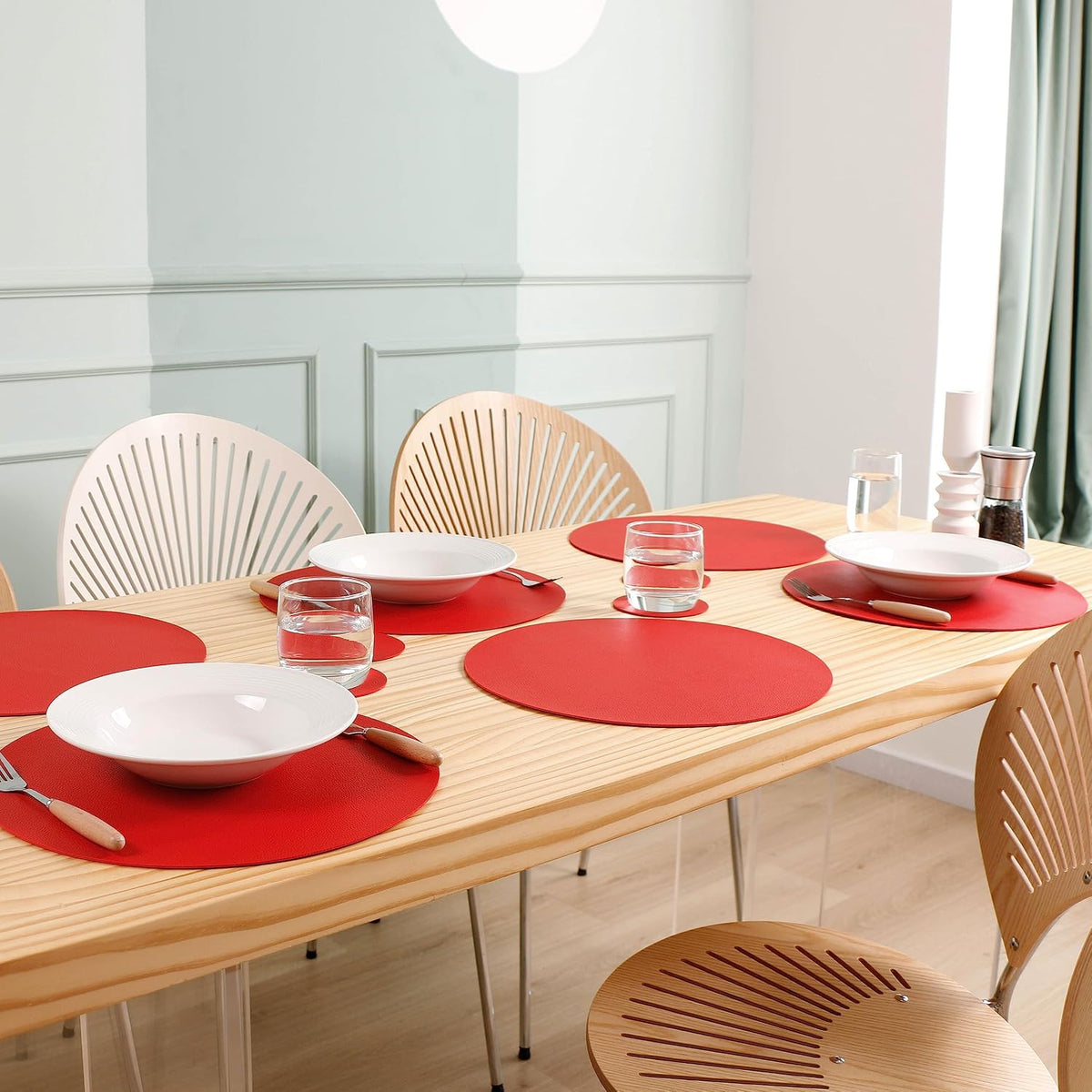 Wipeable Placemats and Coasters Leather Table Mats Waterproof Heat-Resistant Easy to Clean for Dining Table Set Kitchen Table Set of 6, Red