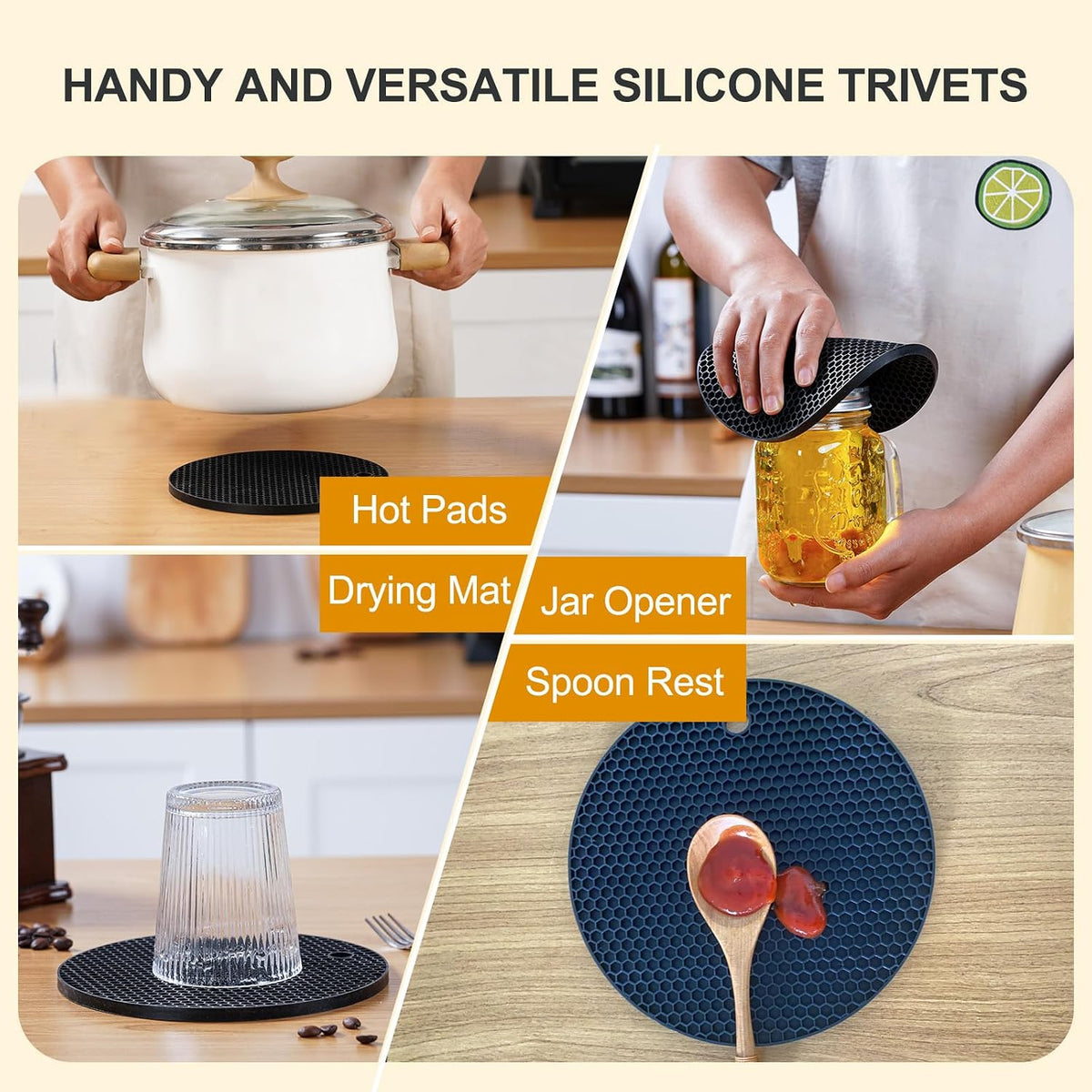 4 PCS Silicone Trivets for Hot Pots and Pans, Hot Dishers, Heat Resistant Pot Holders for Kitchen, Multipurpose Non-Slip Hot Pads Mats Coasters for Kitchen Countertop Protector, Table, Black