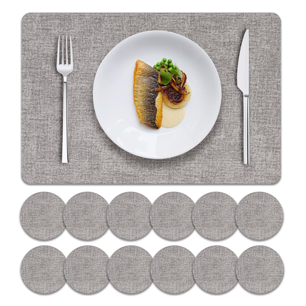 MOSAYT Placemats Set of 8, Heat Resistant Vinyl Place Mats with Coasters, Wipeable Washable 100% Waterproof Oil Proof Faux Leather Table Mats for Kitchen Dining Party Outdoor, 12" x 17", Orange