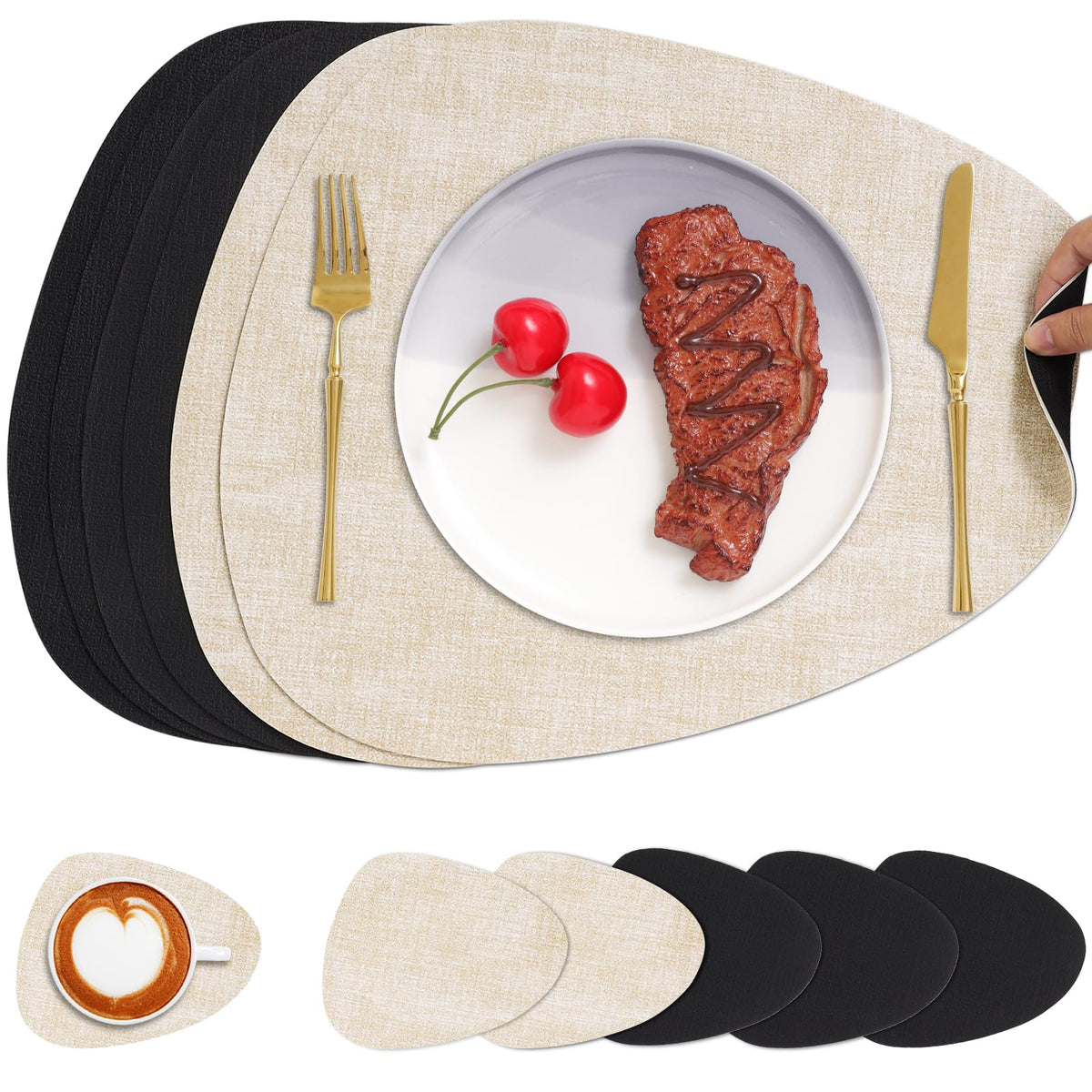 Faux Leather Placemats Set of 4, Dual Sided with Drink Coasters