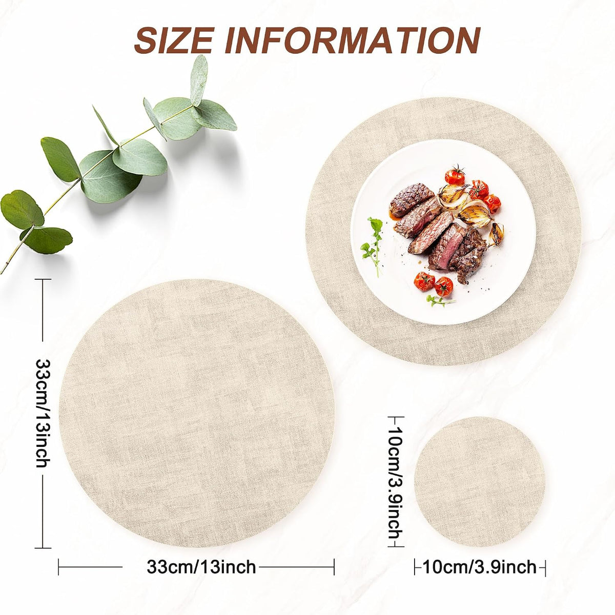 Round Faux Leather Placemats and Coasters, Set of 6, Reversible Heat Resistant Non-Slip Table Mats, Waterproof Wipeable Place Mats for Dining Table, Washable for Indoor & Outdoor (6, Beige)