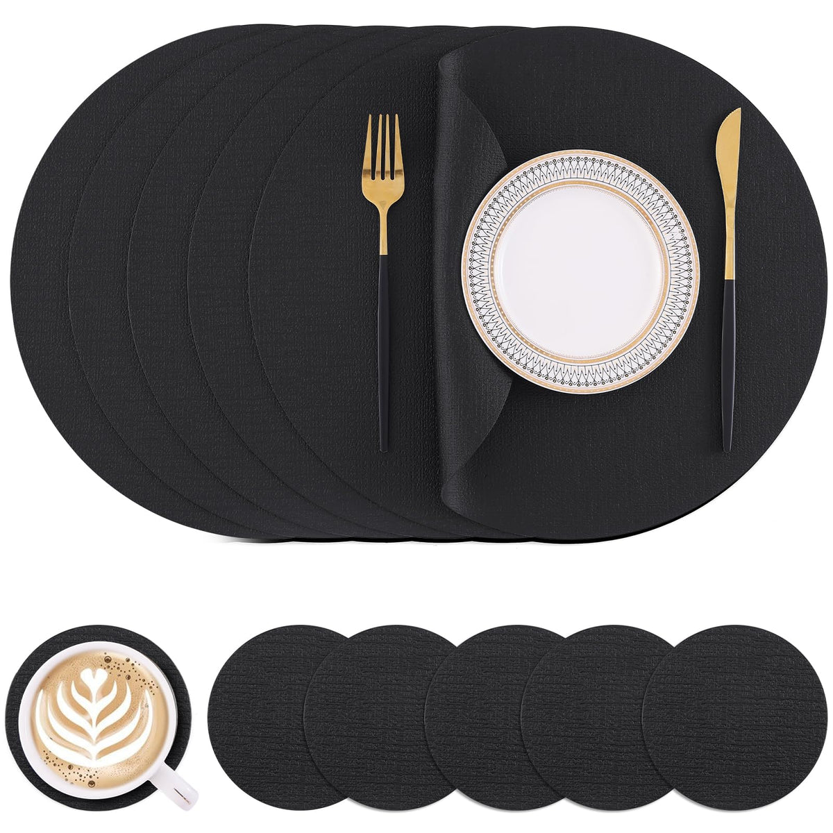 Homaxy Round Faux Leather Placemats and Coasters, Set of 6, Beige