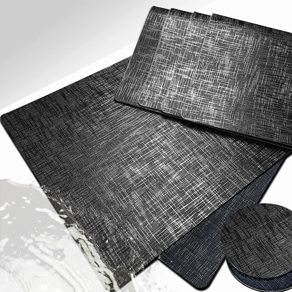 Elegant Placemats and Coasters Set 6, Vinyl Washable Place Mats with Non-Slip Stripes & Metallic Finish, Durable Dining Table Placemats Sets of 6, Dinner Table Mat with Coasters for Table Decor-Silver
