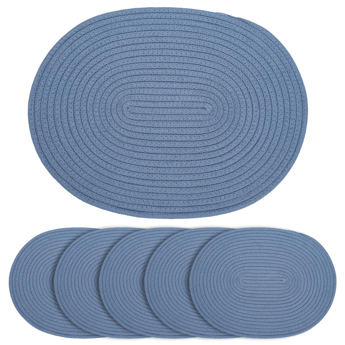 Oval Woven Cotton Placemats Set of 6, Thick Braided Rope Table Mats, 17 x 13 Inches Large Non Slip Heat Resistant Place Mats for Dining Table, Farmhouse Boho Hot Pads for Kitchen Decor (6, Black)