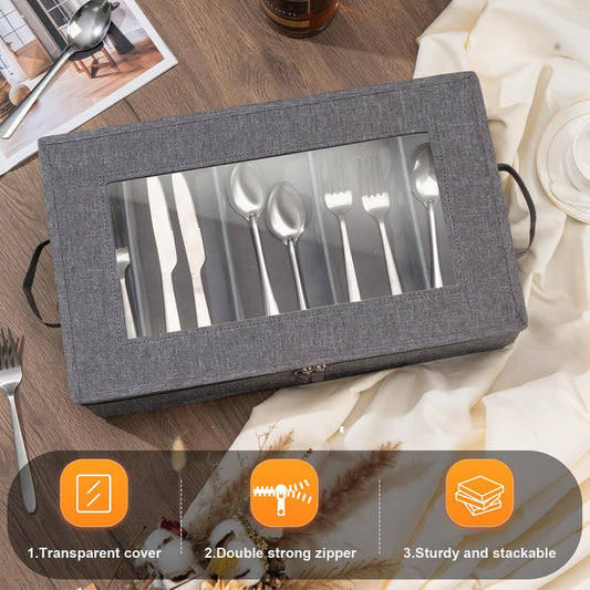 Silverware Storage Box Chest with Dividers, Flatware Utensil Storage Case,