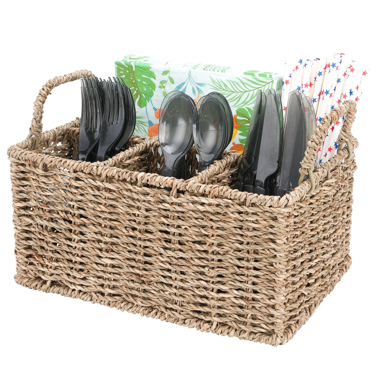 Wicker Party Silverware Caddy, Water Hyacinth Plastic Cutlery Utensil Holder, Hand Woven with Handles, Kitchen Countertop and Picnic flatware Organizer (4 compartments)