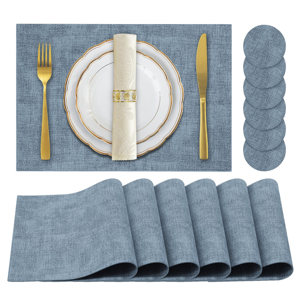Faux Leather Placemats Set of 6,Heat Resistant Placemats for Dining Table, Easy Clean Non-Slip Place Mats, Waterproof Stain Resistant Wipeable Washable PU Table Mats, (Coffee)