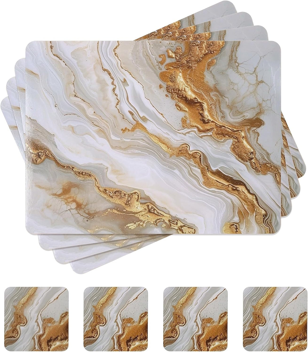 fanquare Hard Cork Placemats and Coasters Set of 4 with Marble Pattern Design Easy to Clean Abstract Artistic Placemat for Dining Table Décor, Gold Sand