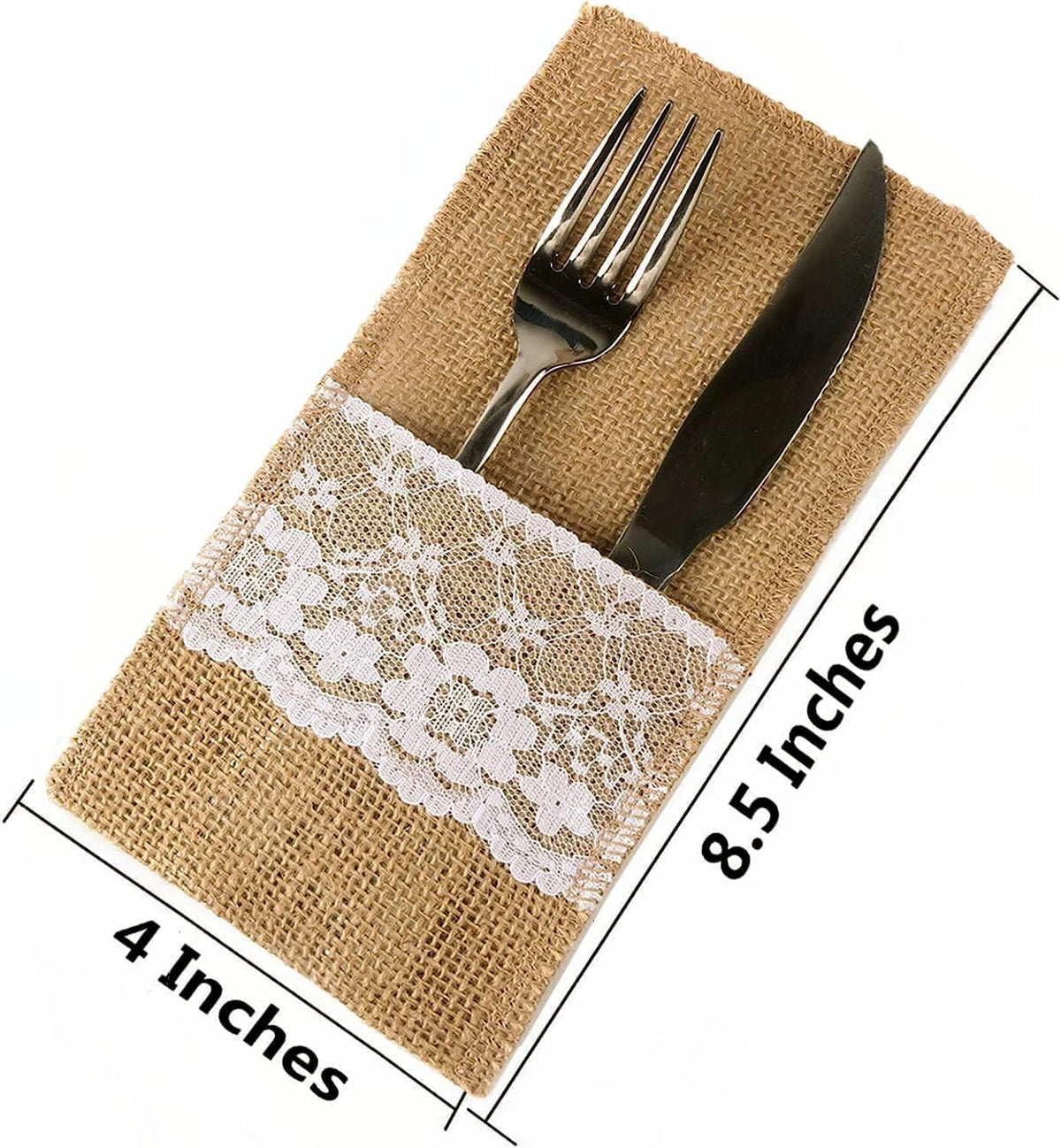 TM 100 Pack Natural Burlap Cutlery Holder Pouch Bag 4x8.5 Inch with Lace Silverware Napkin Holders Wedding Party Bridal Shower Table Setting Table Decoration
