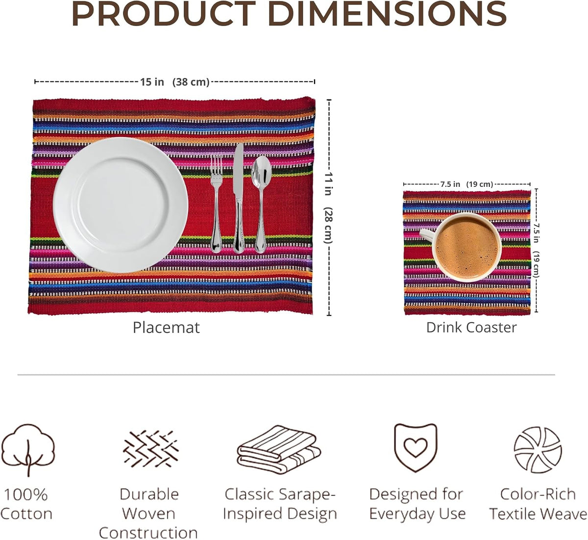 Set of 12 Handwoven Mexican Placemats and Coasters, 6 Cotton Placemats (11 x 15 in) with 6 Matching Drink Coasters, Vibrant Striped Dining Table Decor (Red)