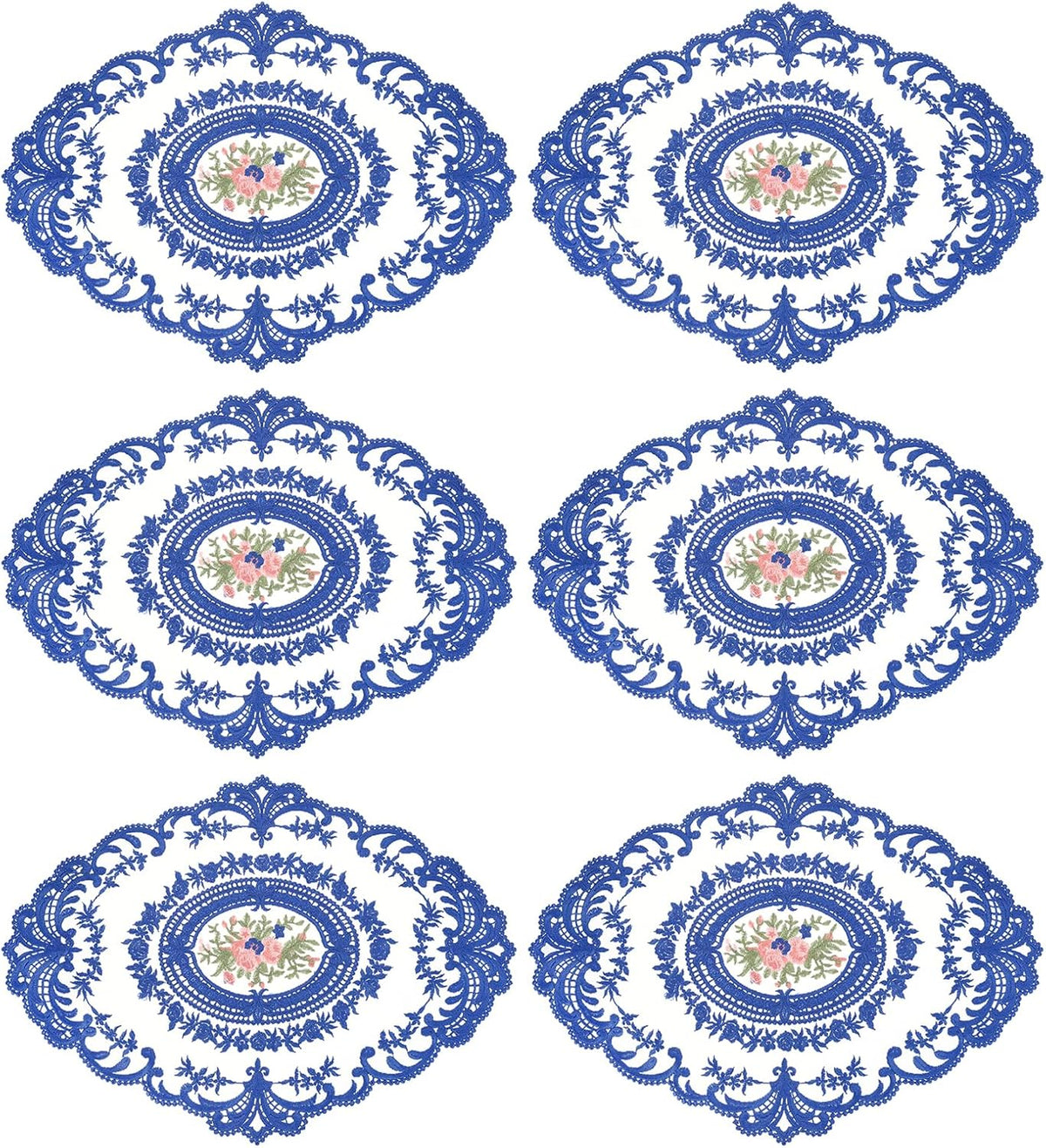 uxcell 6Pack Retro Lace Placemat 12x16-in Oval Embroidered Table Place Mats French Crochet Doilies Coasters Cup Mat for Home Wedding, Sapphire Blue