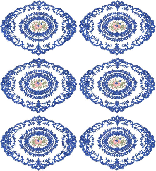 uxcell 6Pack Retro Lace Placemat 12x16-in Oval Embroidered Table Place Mats French Crochet Doilies Coasters Cup Mat for Home Wedding, Sapphire Blue