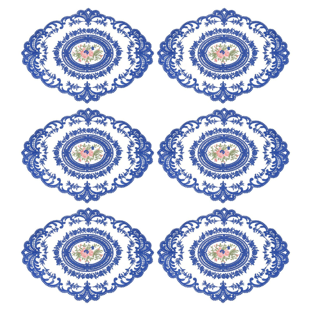 uxcell 6Pack Retro Lace Placemat 12x16-in Oval Embroidered Table Place Mats French Crochet Doilies Coasters Cup Mat for Home Wedding, Sapphire Blue