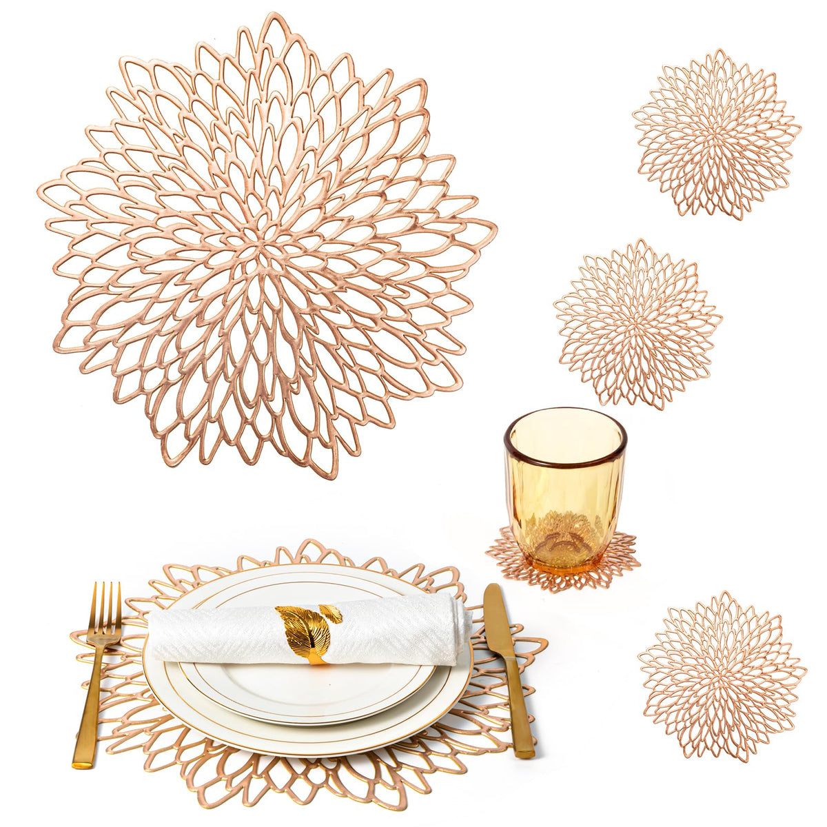 Gold Placemats Set of 8 Table Mats Gold Charger Plates Place Mats & 8 Pcs Coasters Wipeable Modern Holiday Round Placemats for Christmas Thanksgiving Farmhouse Wedding Dining Table Setting Decor