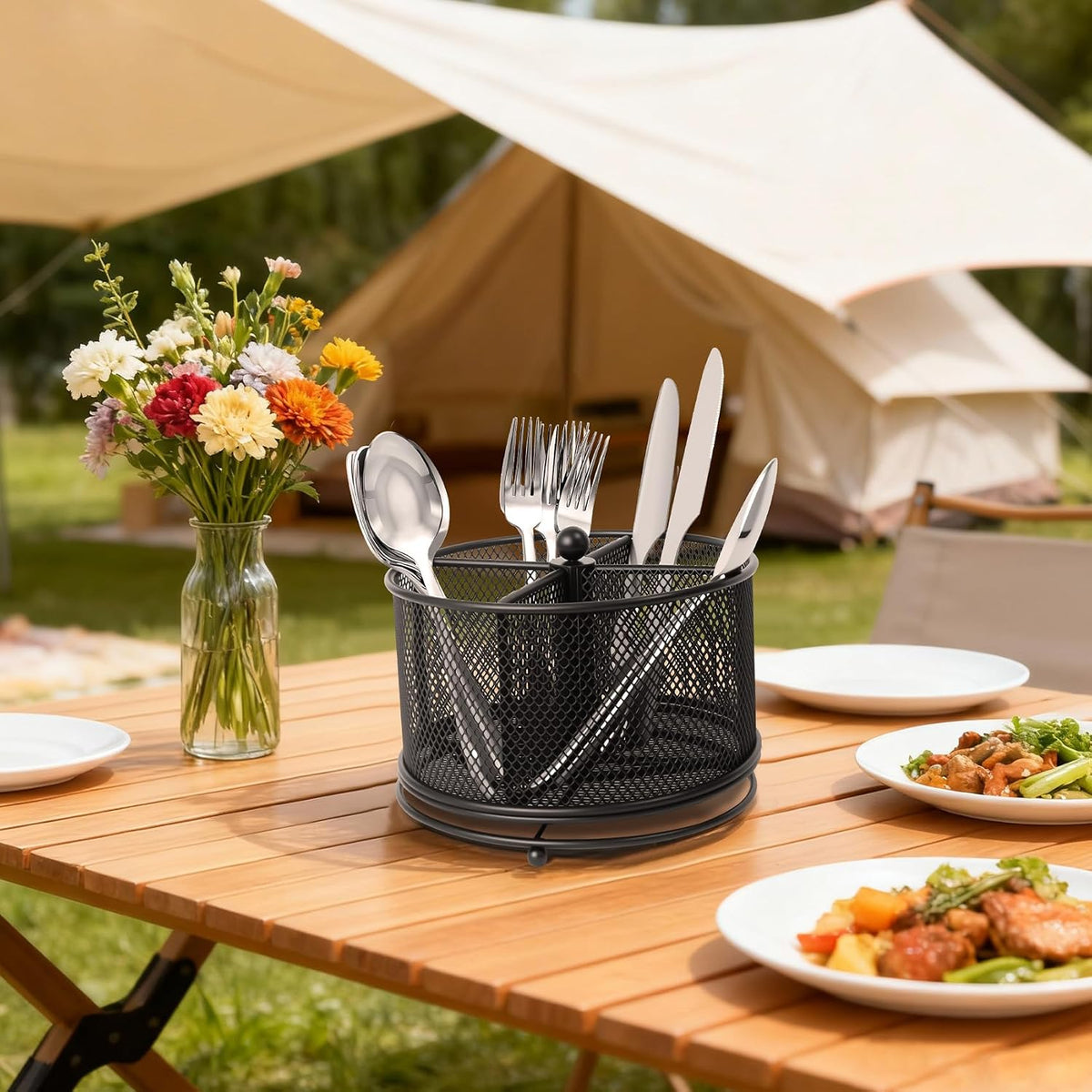 360° Rotating Metal Utensil Caddy, 4 Compartment Silverware Cutlery Holder