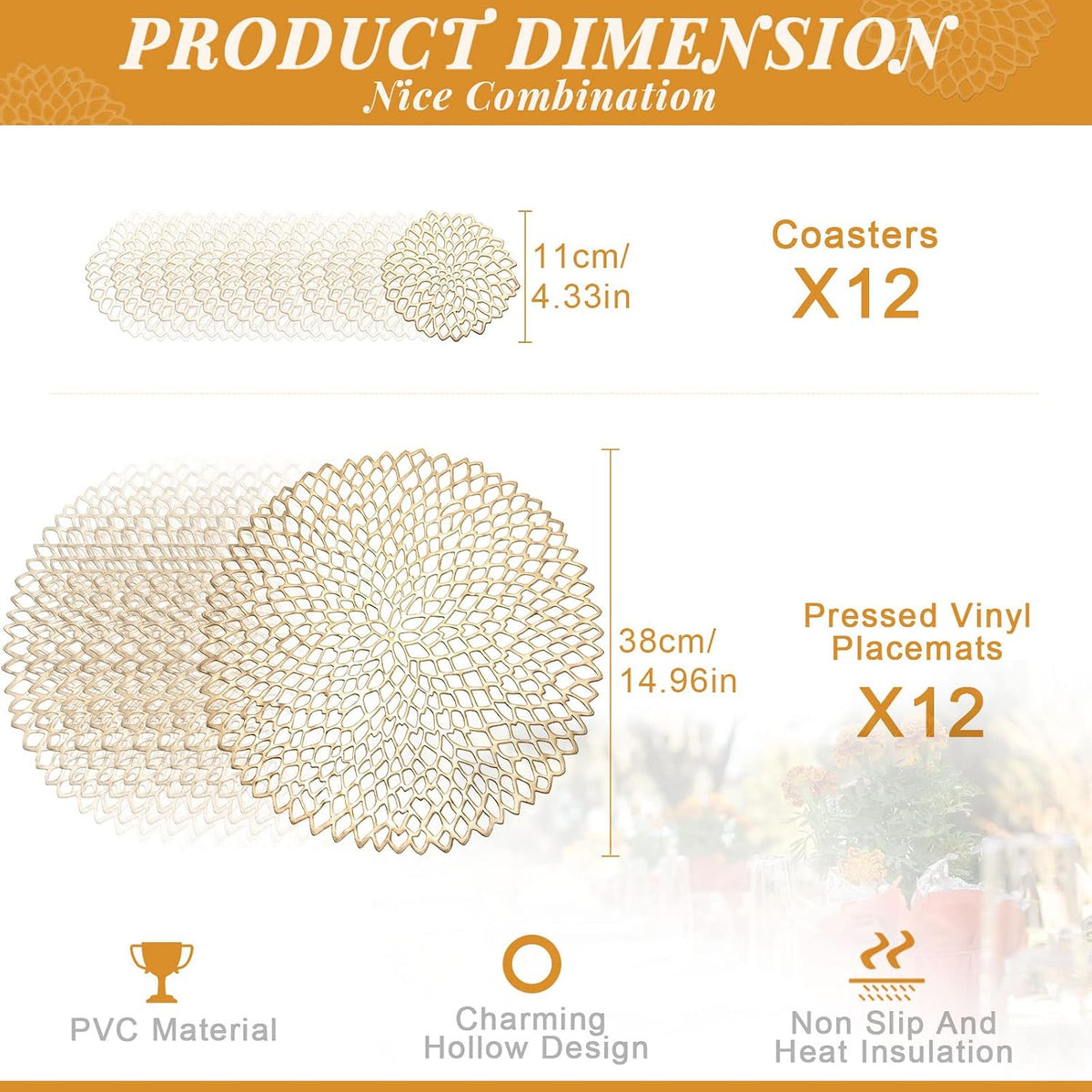 Vesici 24 Pcs Gold Round Pressed Vinyl Metallic Placemats Coasters Set