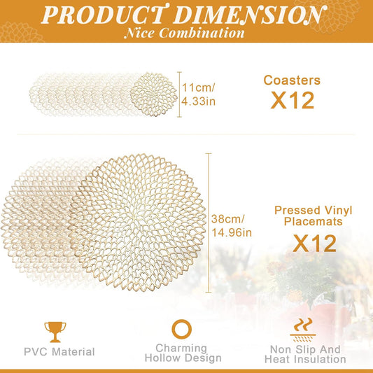 Vesici 24 Pcs Gold Round Pressed Vinyl Metallic Placemats Coasters Set