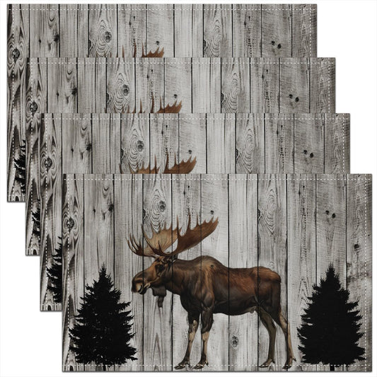 3D Moose Elegant Placemats for Dining Table Set of 4 Barn Door Wooden Stripes Place Mats 12x18 Inch for Restaurant Elk Deer Wildlife Kitchen Table Mats Easy to Clean